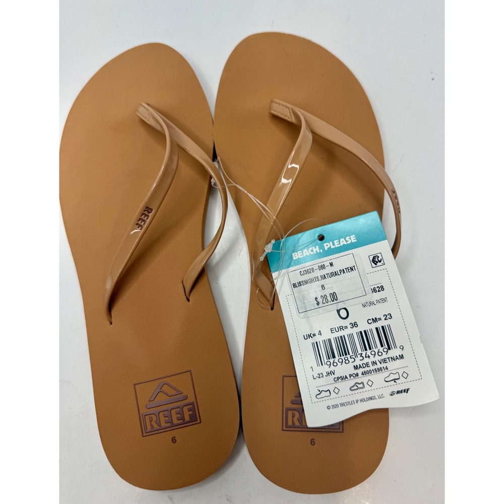 Reef Bliss Nights Natural Patent slim Sandals Flip Flops Size 6 Women